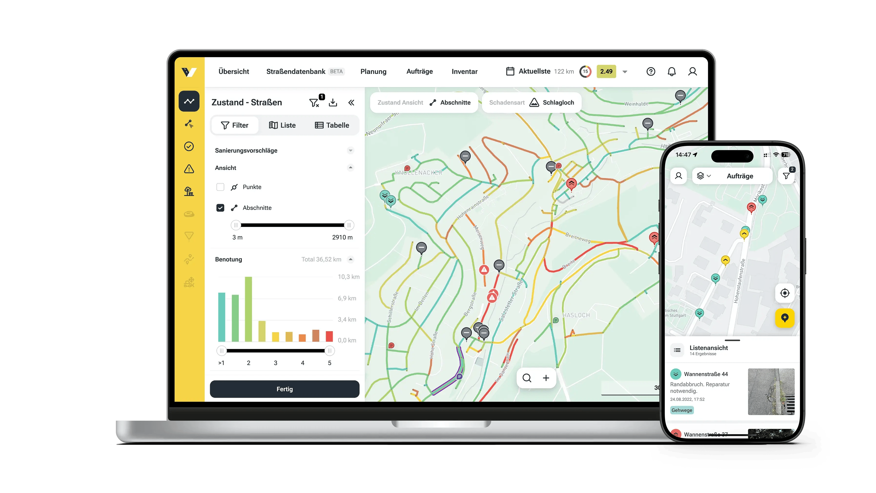 Ein MacBook und ein iPhone stehen nebeneinander und zeigen das vialytics Web-System in der Kartenansicht, sowie die Auftragsliste