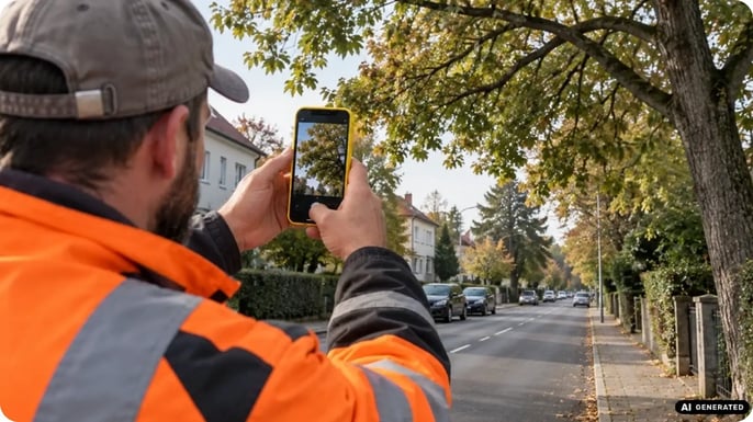 Ein Bauhofmitarbeiter fotografiert einen Baum in einer Straße mit einem iPhone