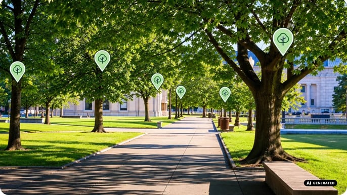 Ein Weg in einem Park mit Bäumen links und rechts, die mit grünen „Baum-Icons" markiert sind