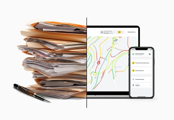 Vergleich von Papierarbeit zu dem digitalen vialytics system für Straßen Zustandserfassung und Straßenmanagement