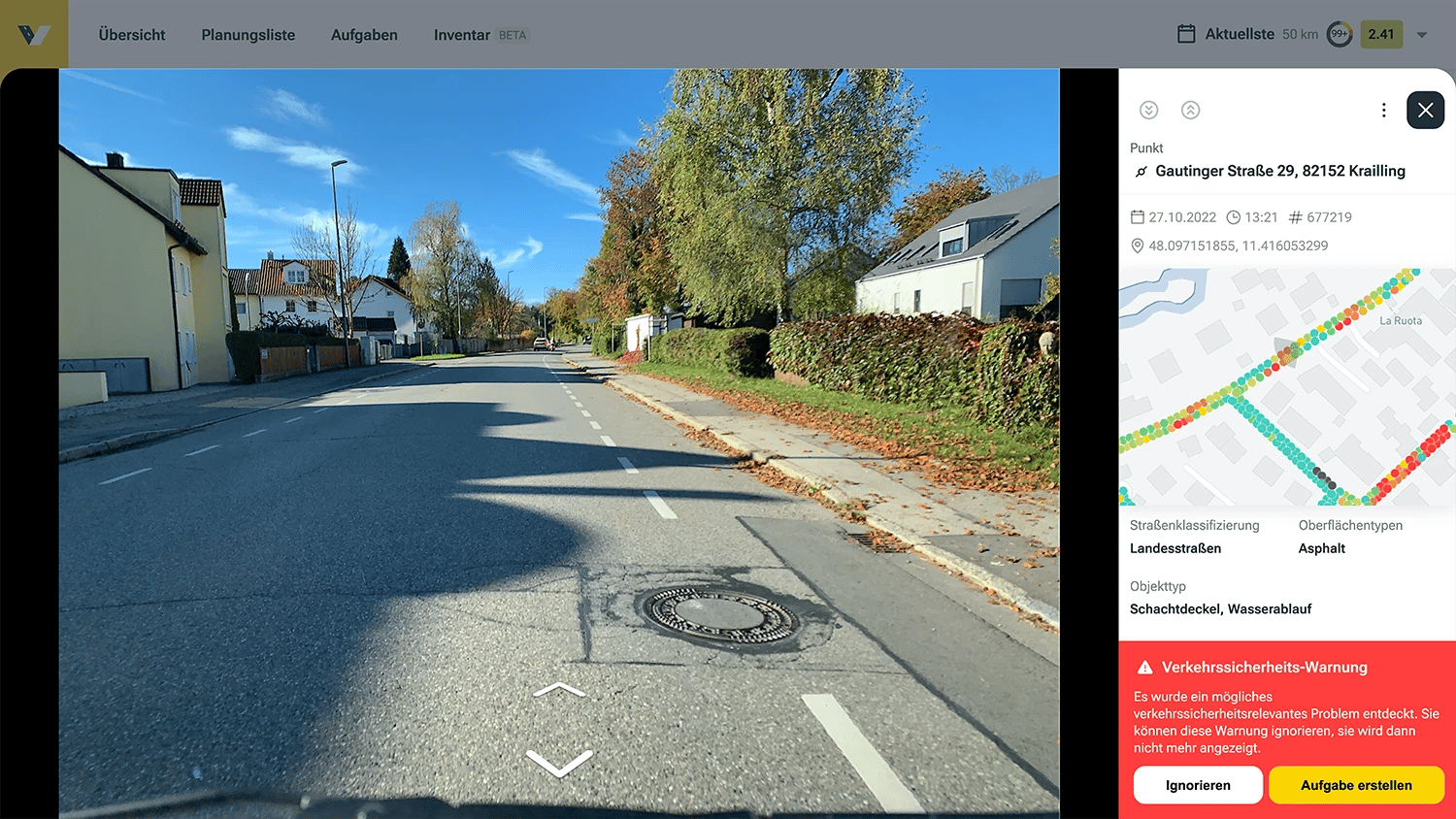 Screenshot aus dem vialytics Web-System einer Verkehrssicherheitswarnung in Krailling