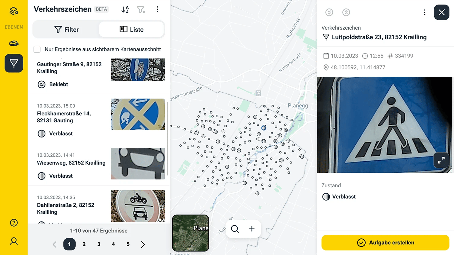 Screenshot aus dem vialytics Web-System der Verkehrszeichen von Krailling