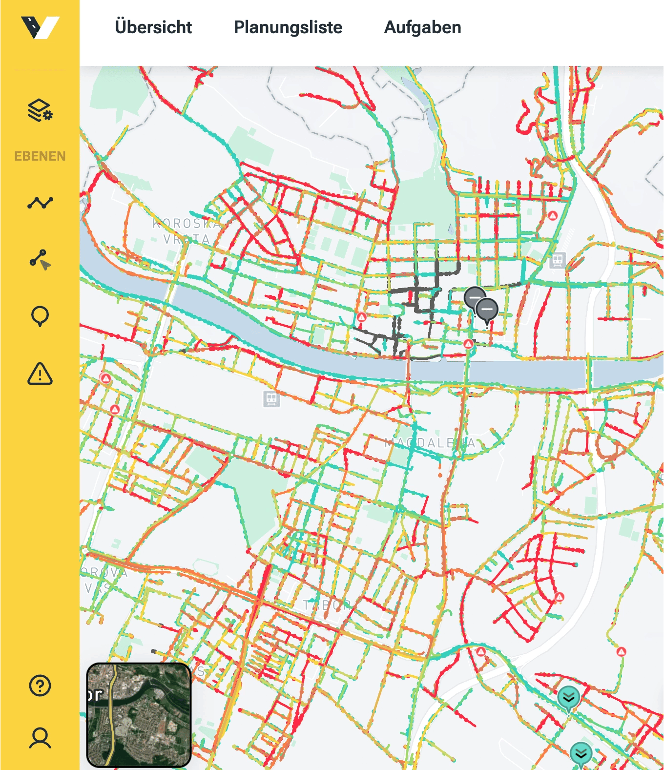 Screenshot aus dem vialytics Web System der Karte von Maribor, halbiert