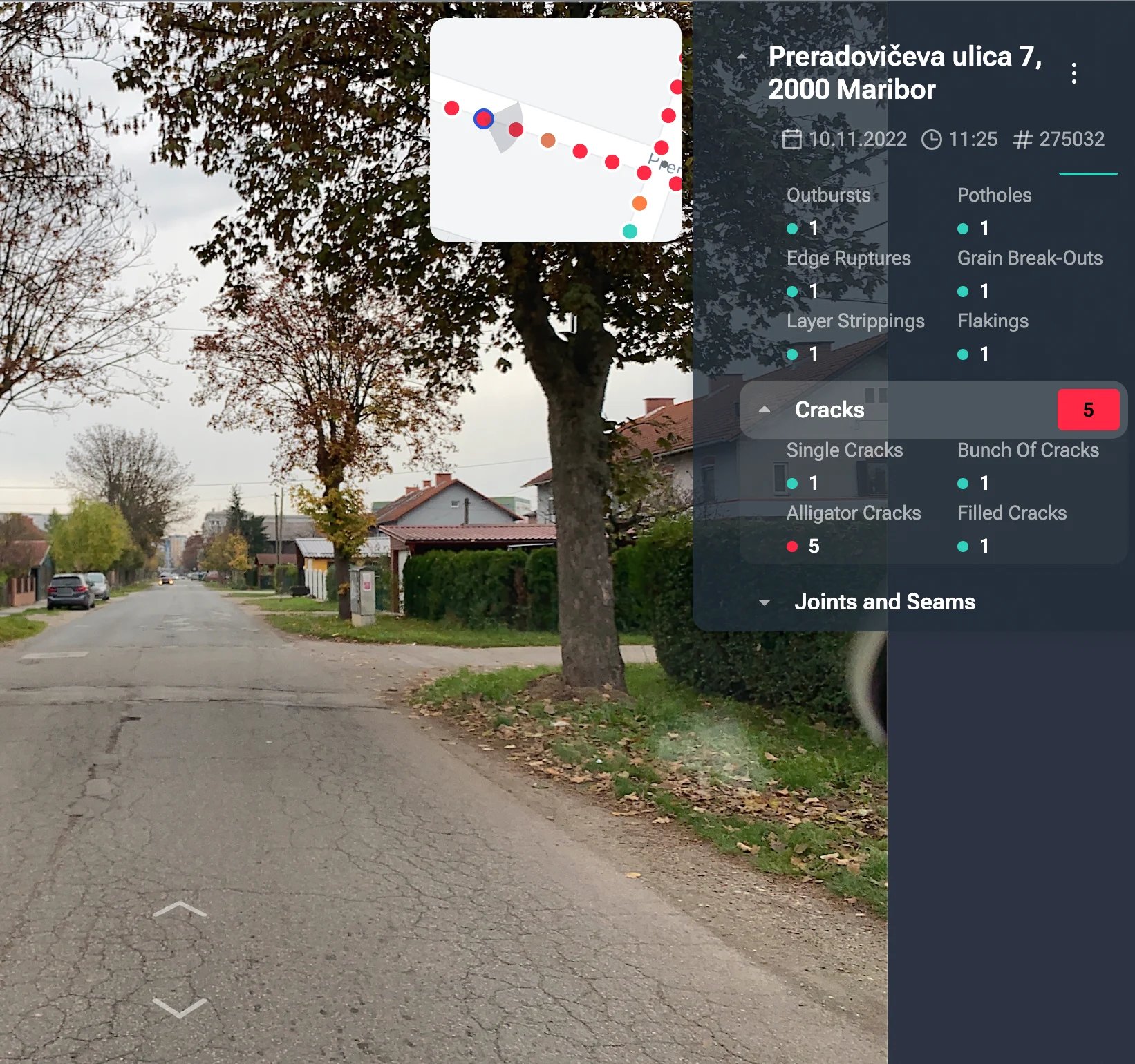 Screenshot der Schadensklassen einer Straße in Maribor