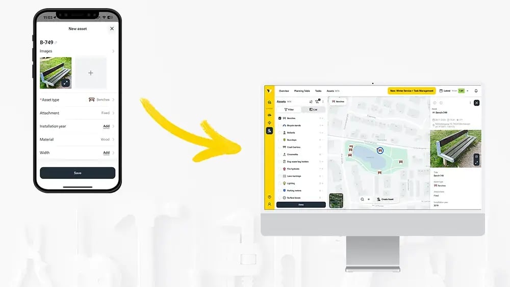 Mockup eines iPhones mit einer aufgenommenen Parkbank mit der vialytics App, ein gelber Pfeil zeigt vom Smartphone zu einem Mac, der die Parkbank im Web-System anzeigt