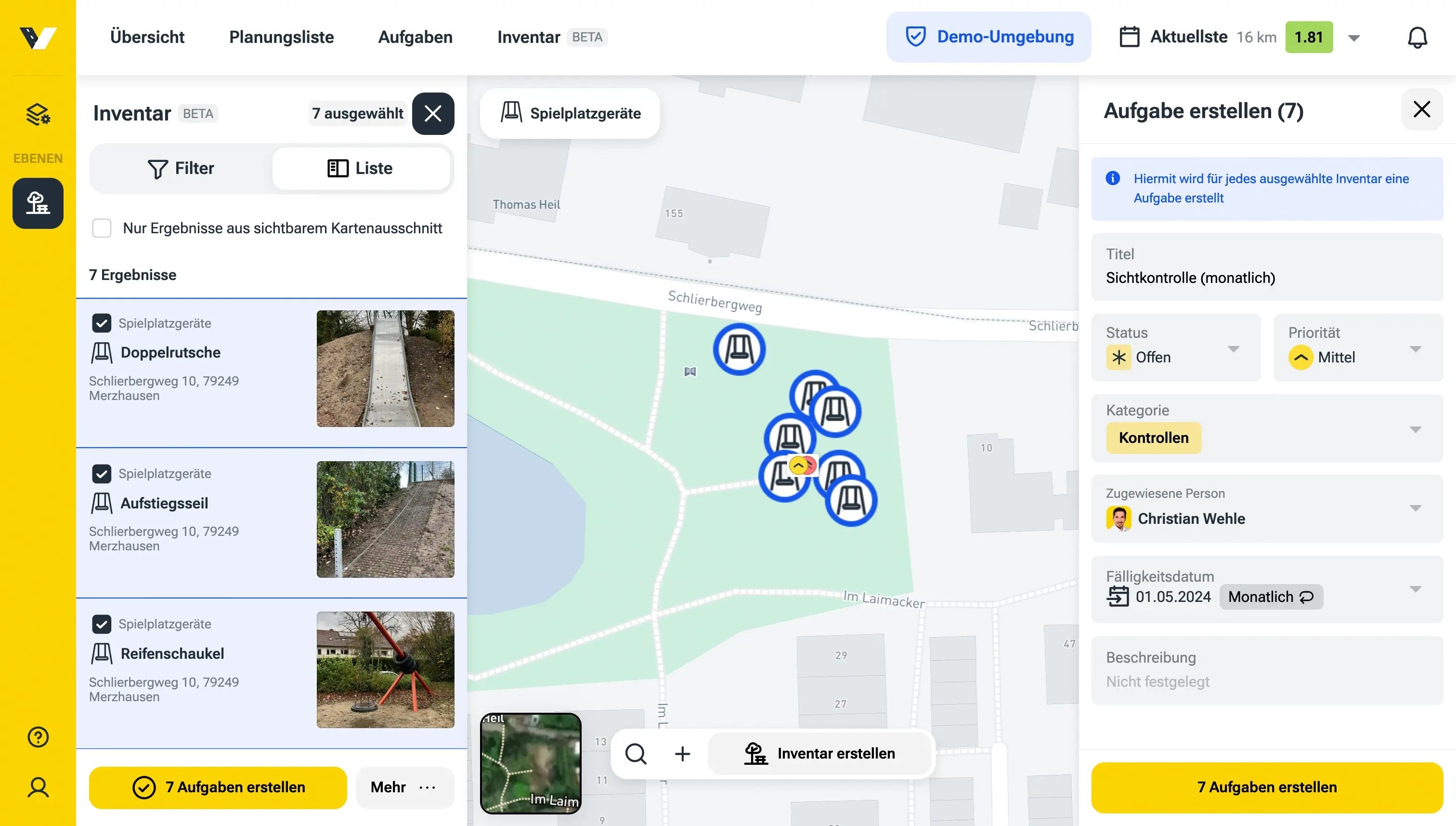 Screenshot aus dem vialytics Web-System zeigt die Liste mit aufgenommenen Inventaren und der Möglichkeit einen Auftrag zu erstellen