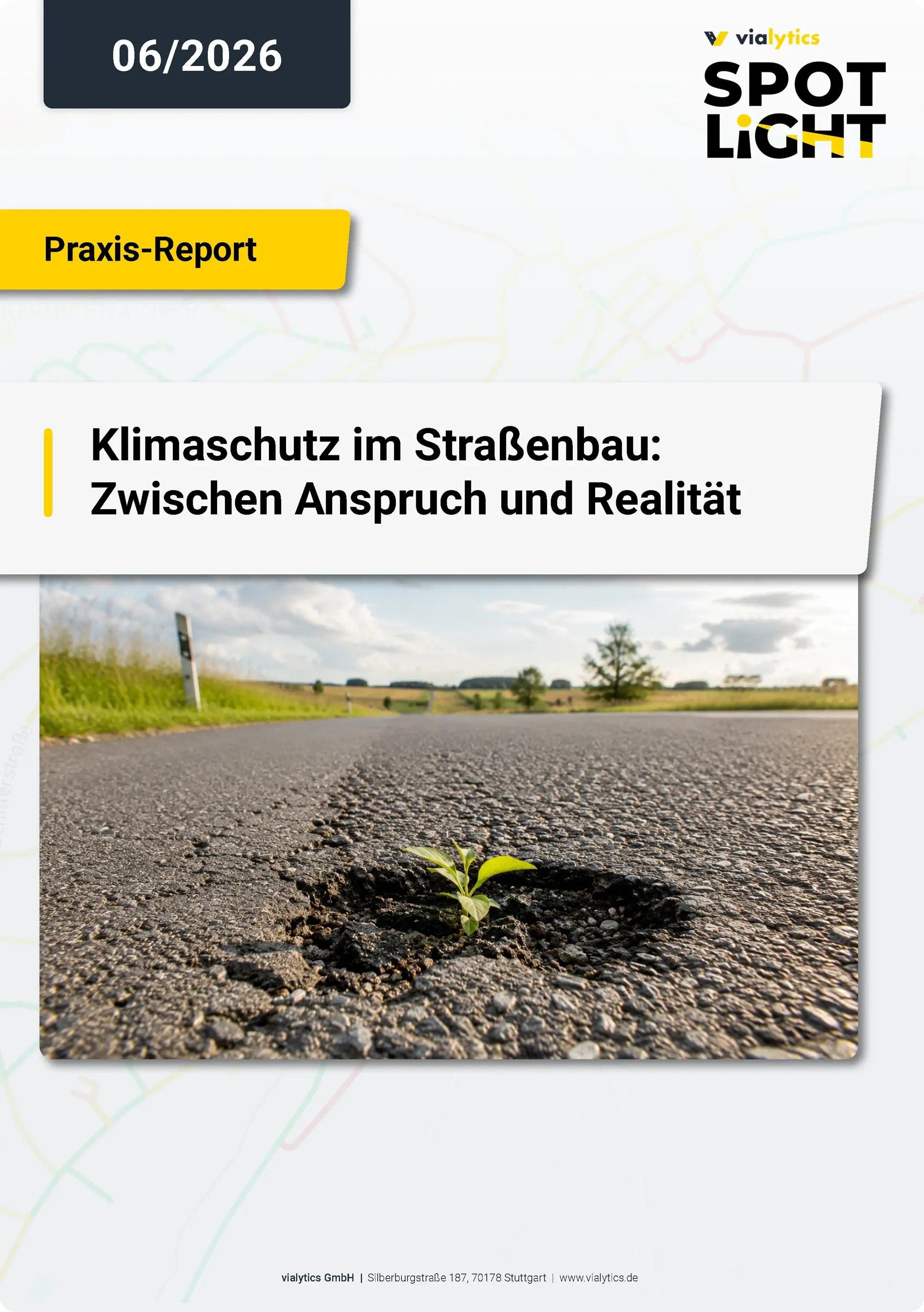 Titelblatt des vialytics Praxisberichts zu Klimaschutz im Straßenbau