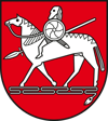 Wappen des LK Börde, weißes Pferd mit Reiter mit Schild und Lanze auf rotem Grund. 