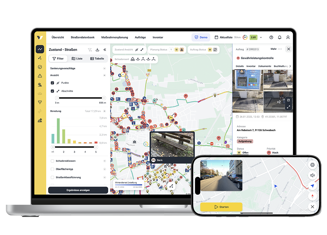 Das System von vialytics, gezeigt auf einem Macbook und einem iPhone.