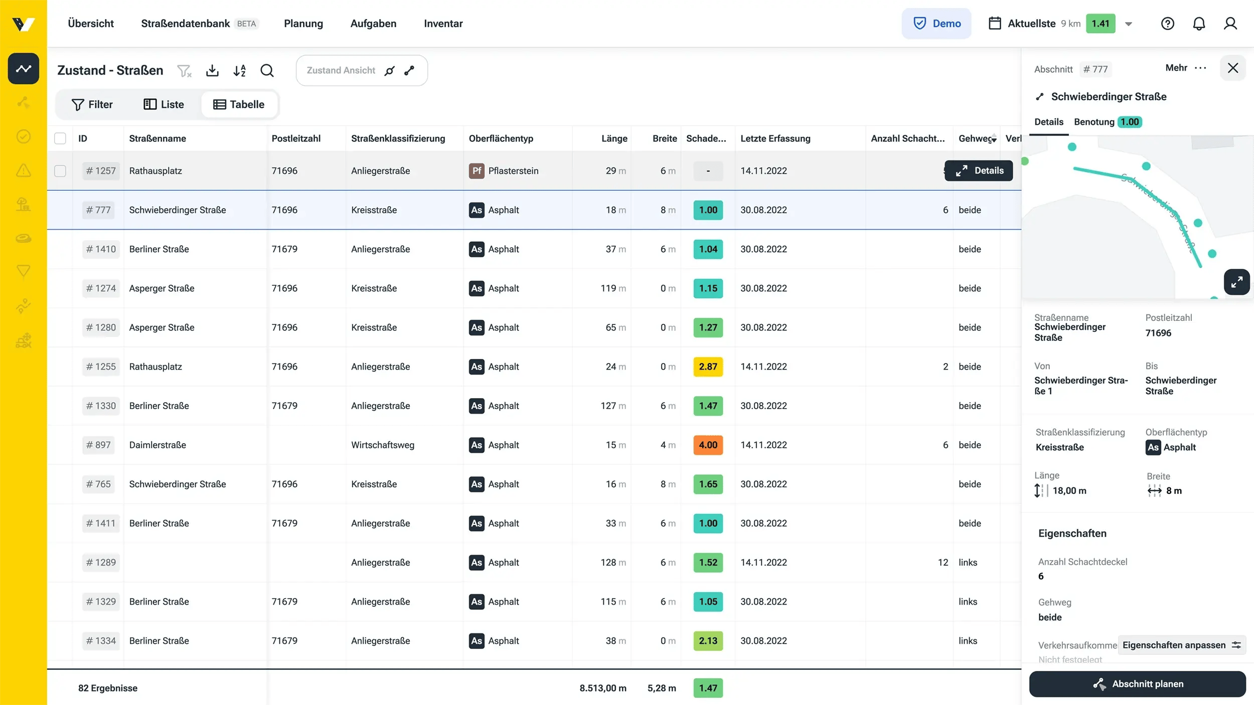 Ein Screenshot der Straßendatenbank im vialytics Web-System