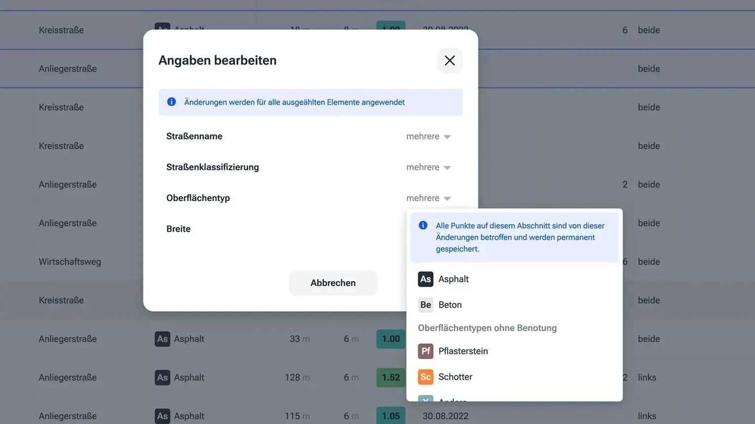 Screenshot aus dem vialytics Web-System von der Bearbeitungsansicht einer Anliegerstraße, deren Straßentyp angepasst wird