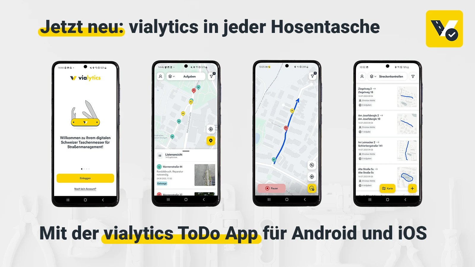 Schaubild der vialytics ToDo-App, 4 Handies mit Screenshots der ToDo-App