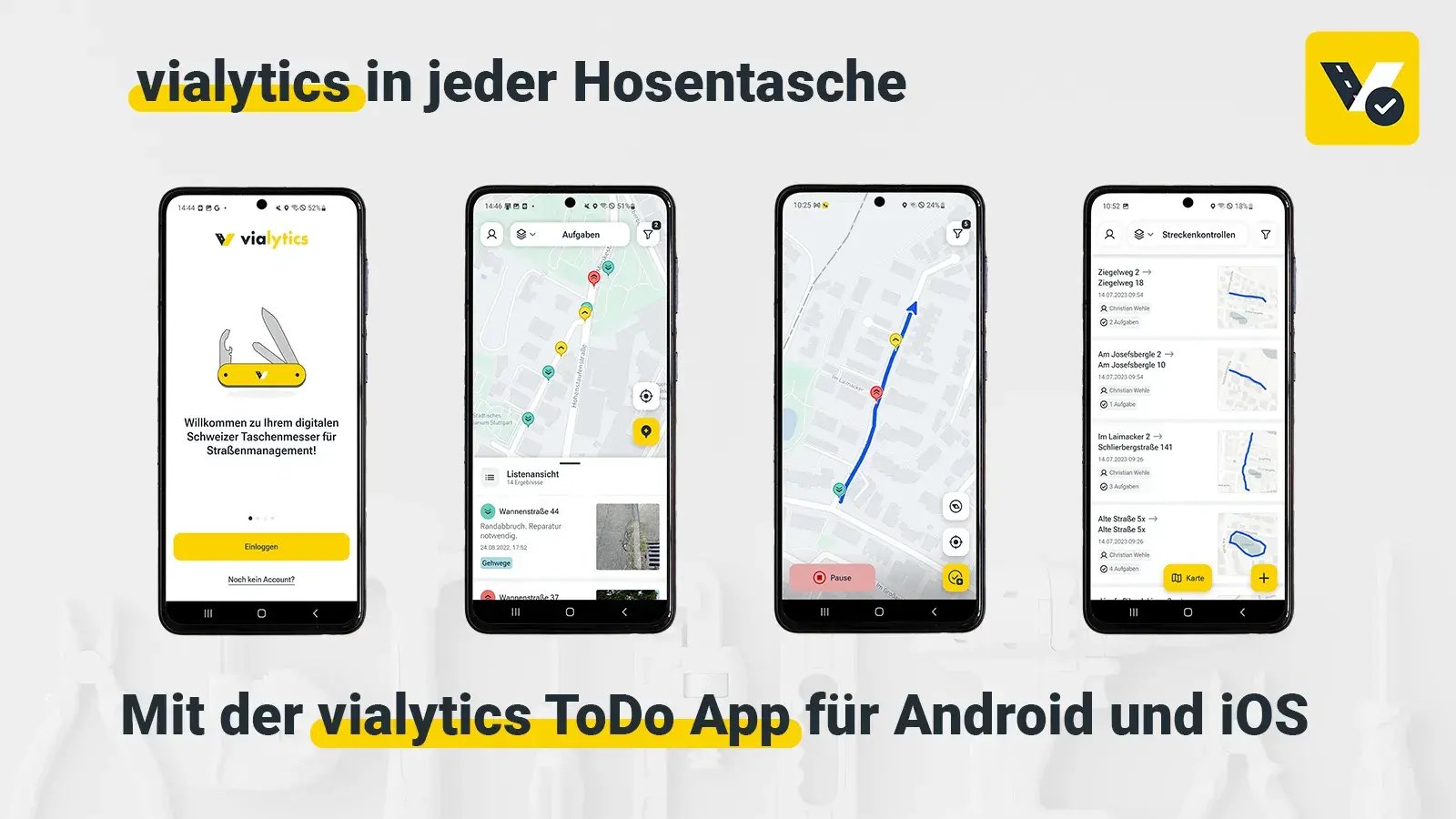 Schaubild der vialytics ToDo-App, 4 Handies mit Screenshots der ToDo-App