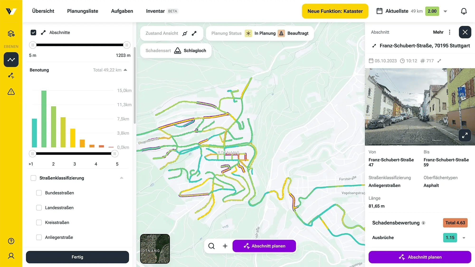 Screenshot ais dem vialytics Web-System zeigt eine Kartenansicht aus Stuttgart und einen Straßenabschnitt, der markiert wurde