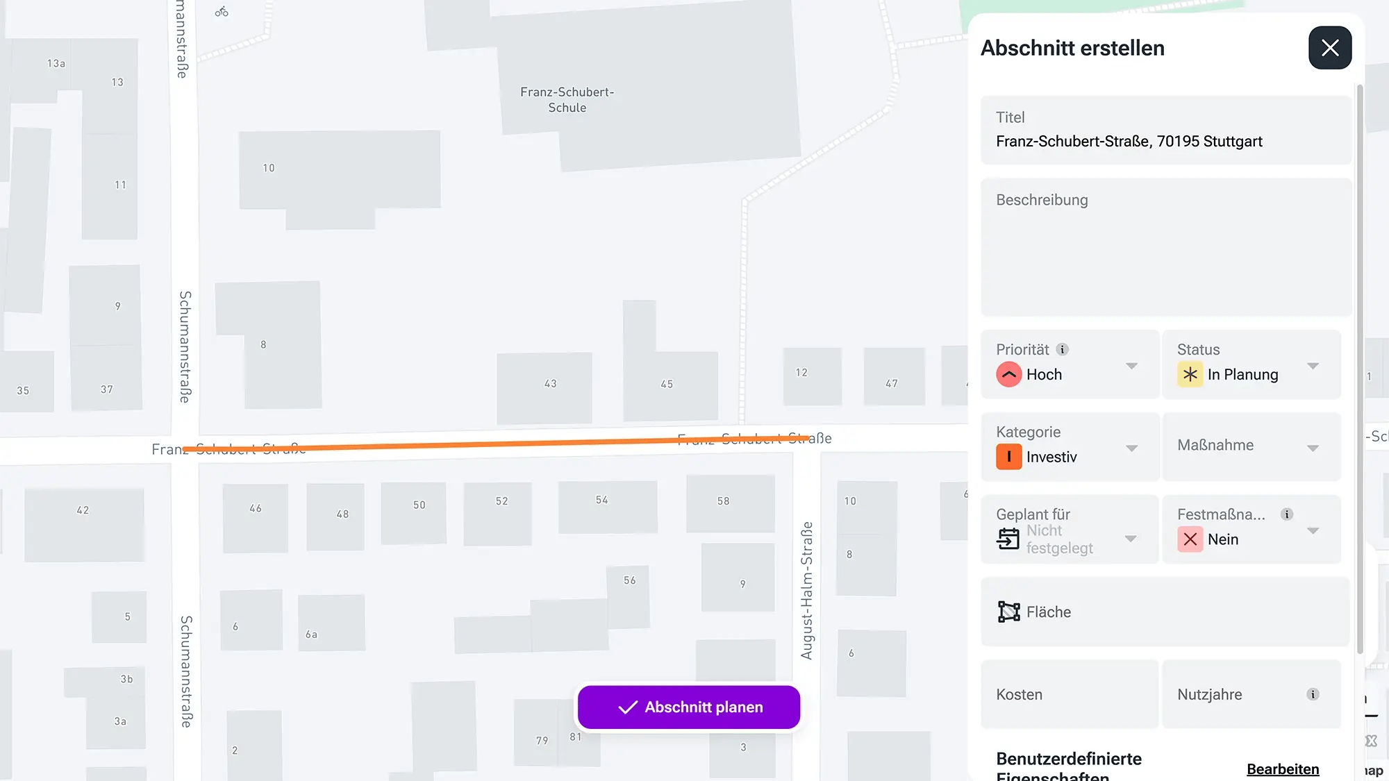 Screenshot ais dem vialytics Web-System zeigt die Erstellung eines neuen geplanten Abschnittes, der zur Planungsliste hinzugefügt wird