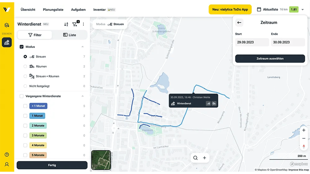 Web System Screenshot von einer Winterdienst Befahrung mit GPS Spur