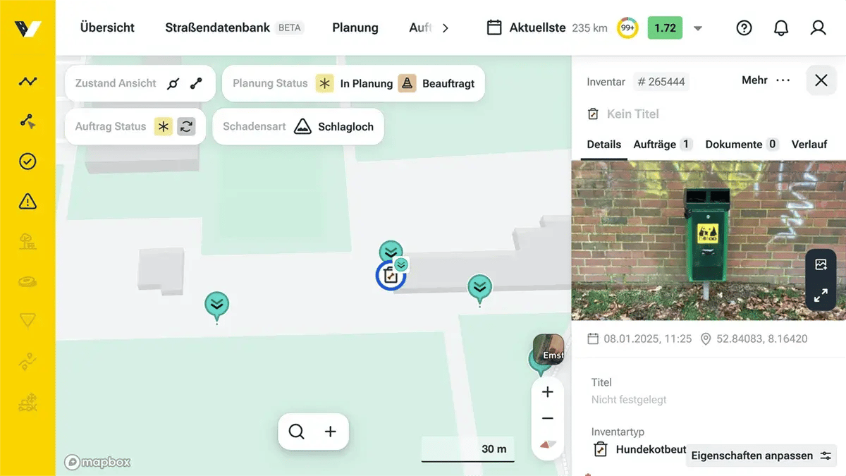 Screenshot aus dem vialytics Web-System zeigt eine Wartungsaufgabe zur Kontrolle eines Hundekotbeutelhalters in Emstek 