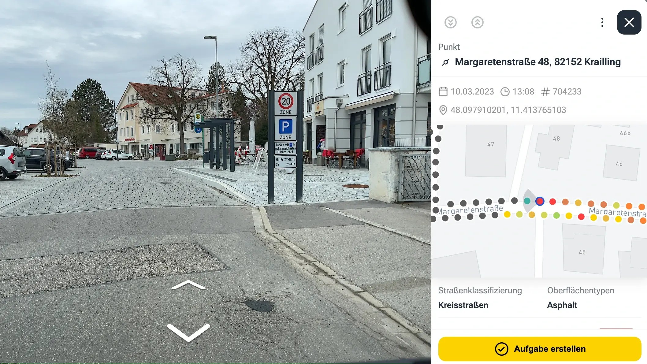 Ein Ausschnitt aus dem Web-System von vialytics. Eine Aufnahme einer Straße in Krailling und eine Kartenansicht sind zu sehen.