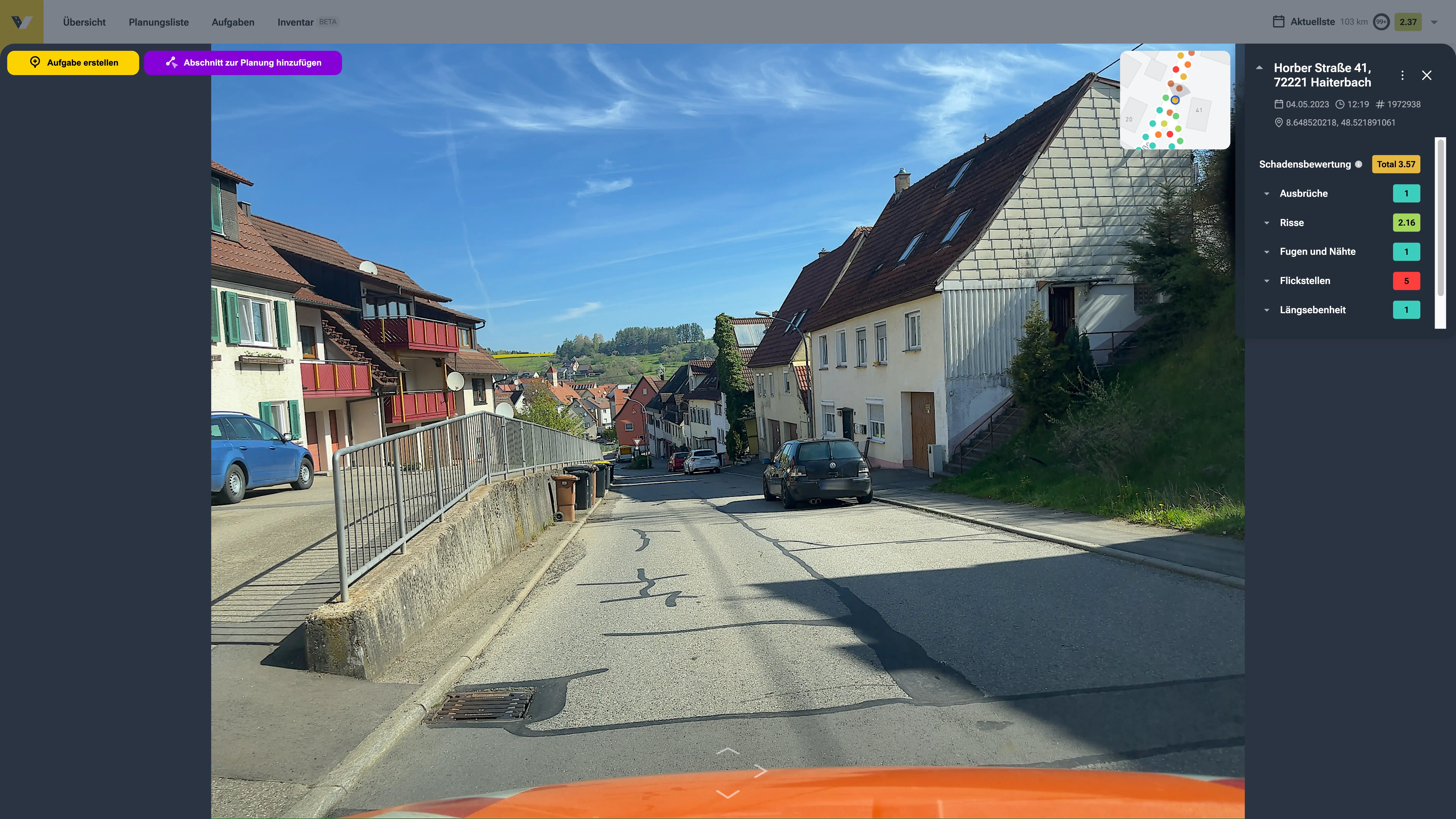 Screenshot aus dem Web System einer Straße in Haiterbach