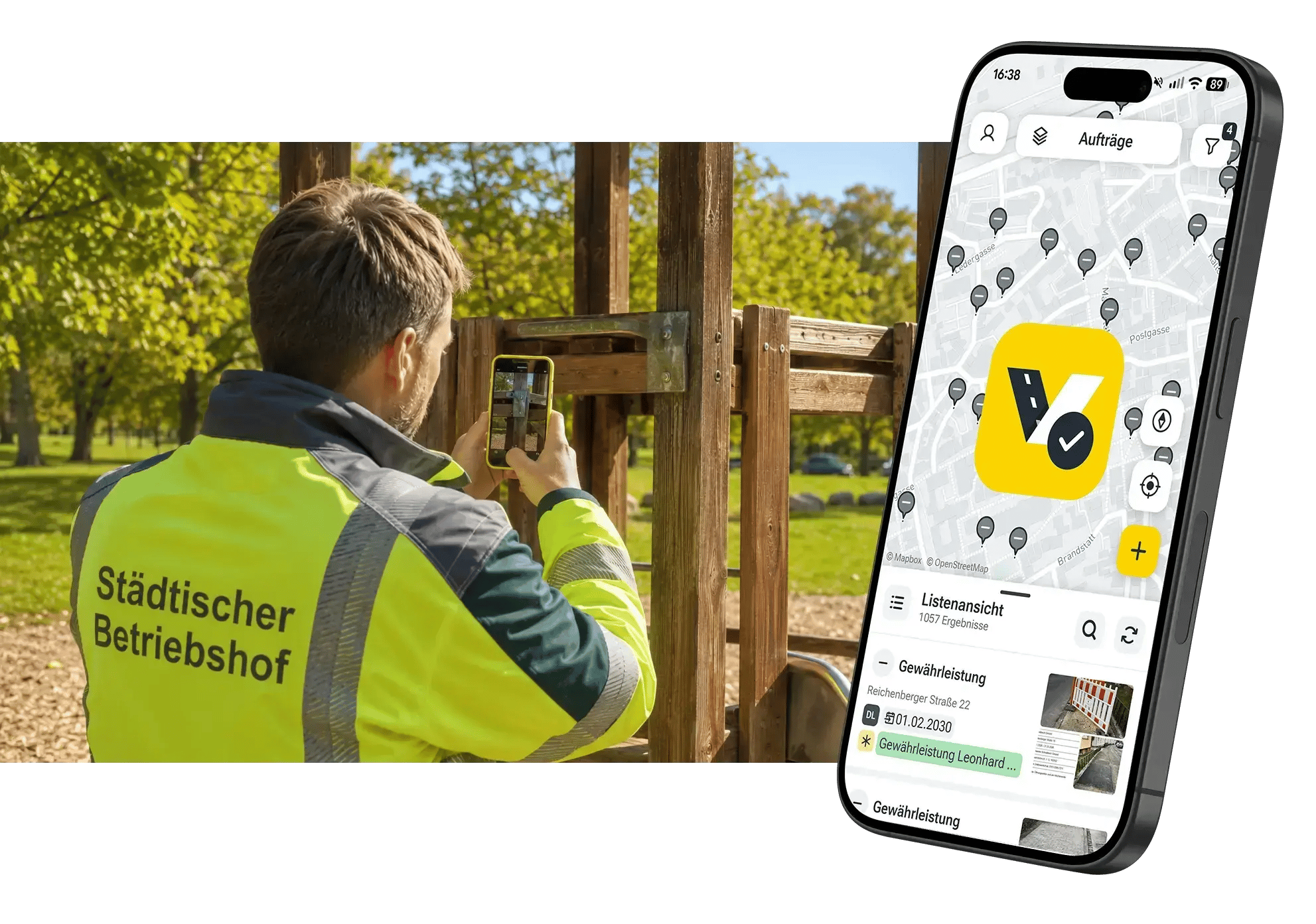 Ein Bauhofsmitarbeitender führt eine Spielplatzkontrolle per iPhone durch, daneben ein Mockup der vialytics ToDo-App.
