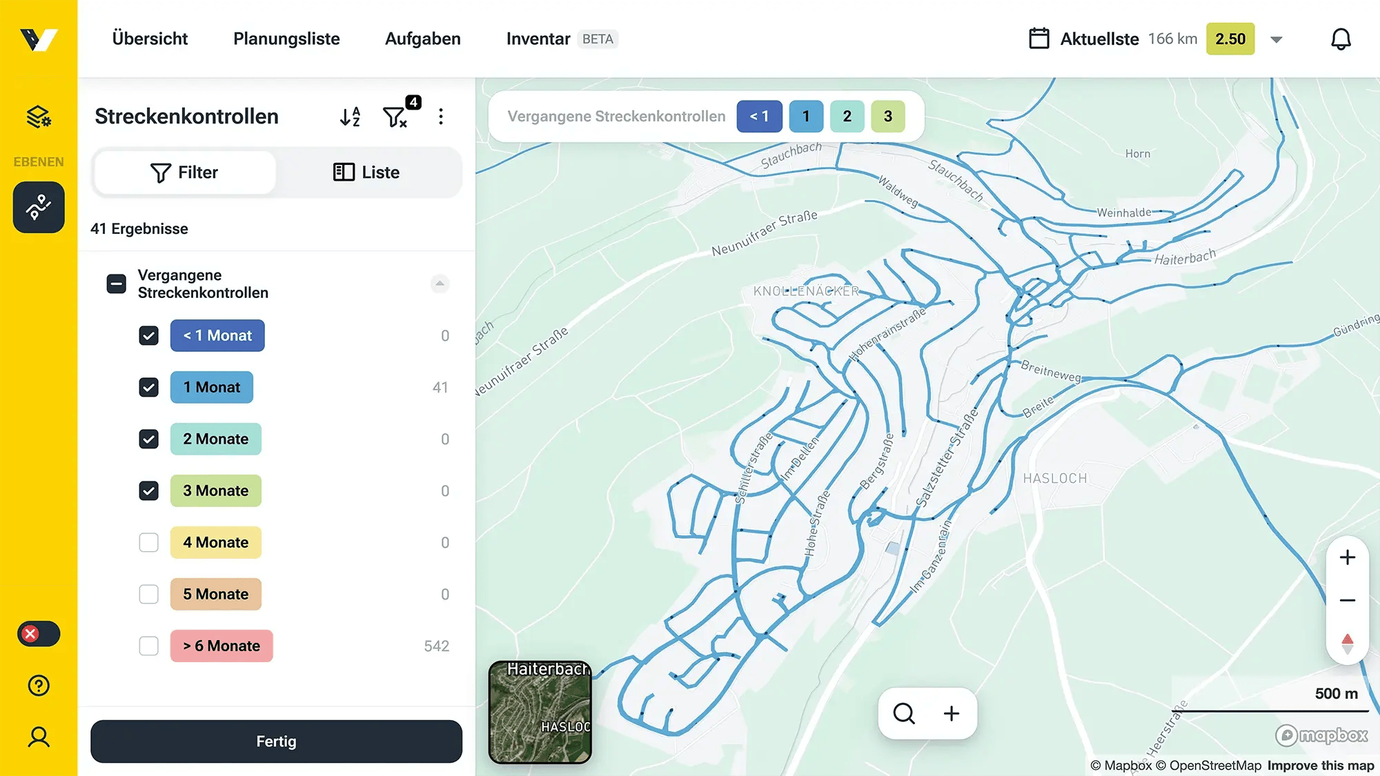 Screenshot des vialytics Web-Systems zeigt eine Streckenkontrolle in der Kartenansicht