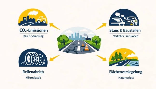 Schaubild zeigt vier Umwelteinwirkungen auf den Straßenzustand, CO2-Emissionen, Staus und Baustellen, Reifenabrieb und Flächenversiegelung