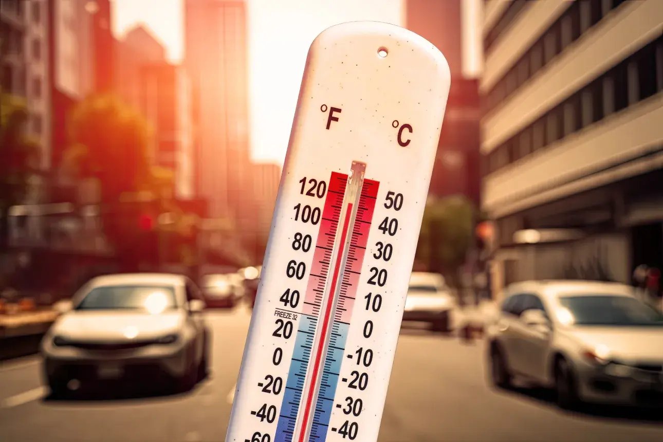 Ein Thermometer verdeutlich die extreme Hitze und die Gefahr für die Straße.