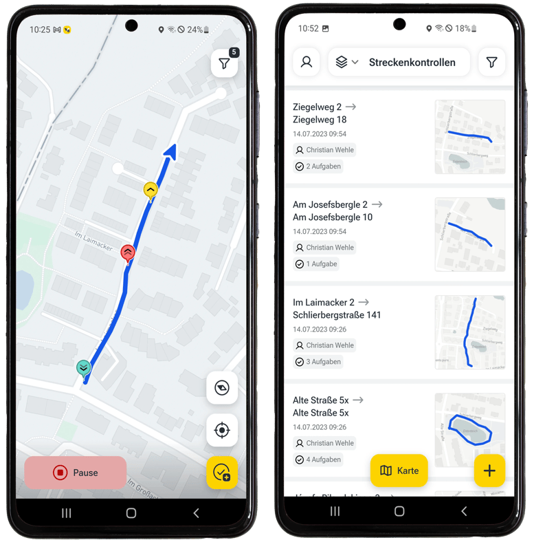 Mockup zweier Smartphones mit der vialytics ToDo App, zeigen eine Streckenkontrollen in der Karten und Listenansicht