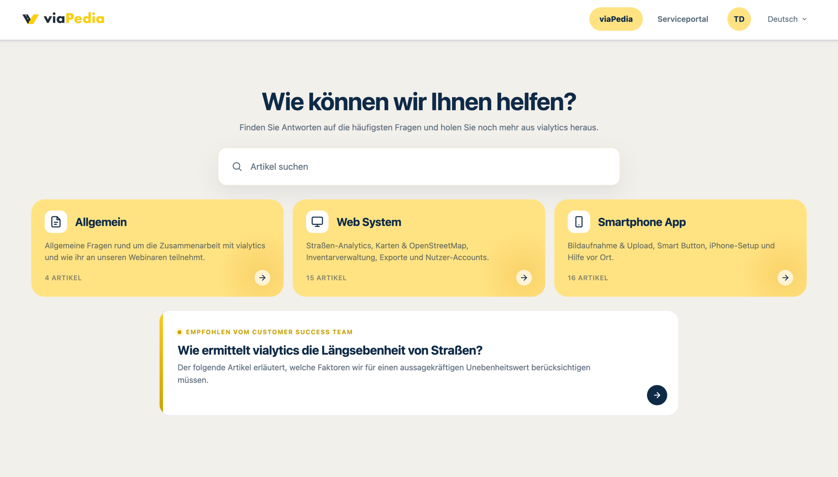 Startseite des viaPedia Hilfeportals mit Suchfeld und Kategorien für allgemeine Fragen, Web-System und Smartphone-App