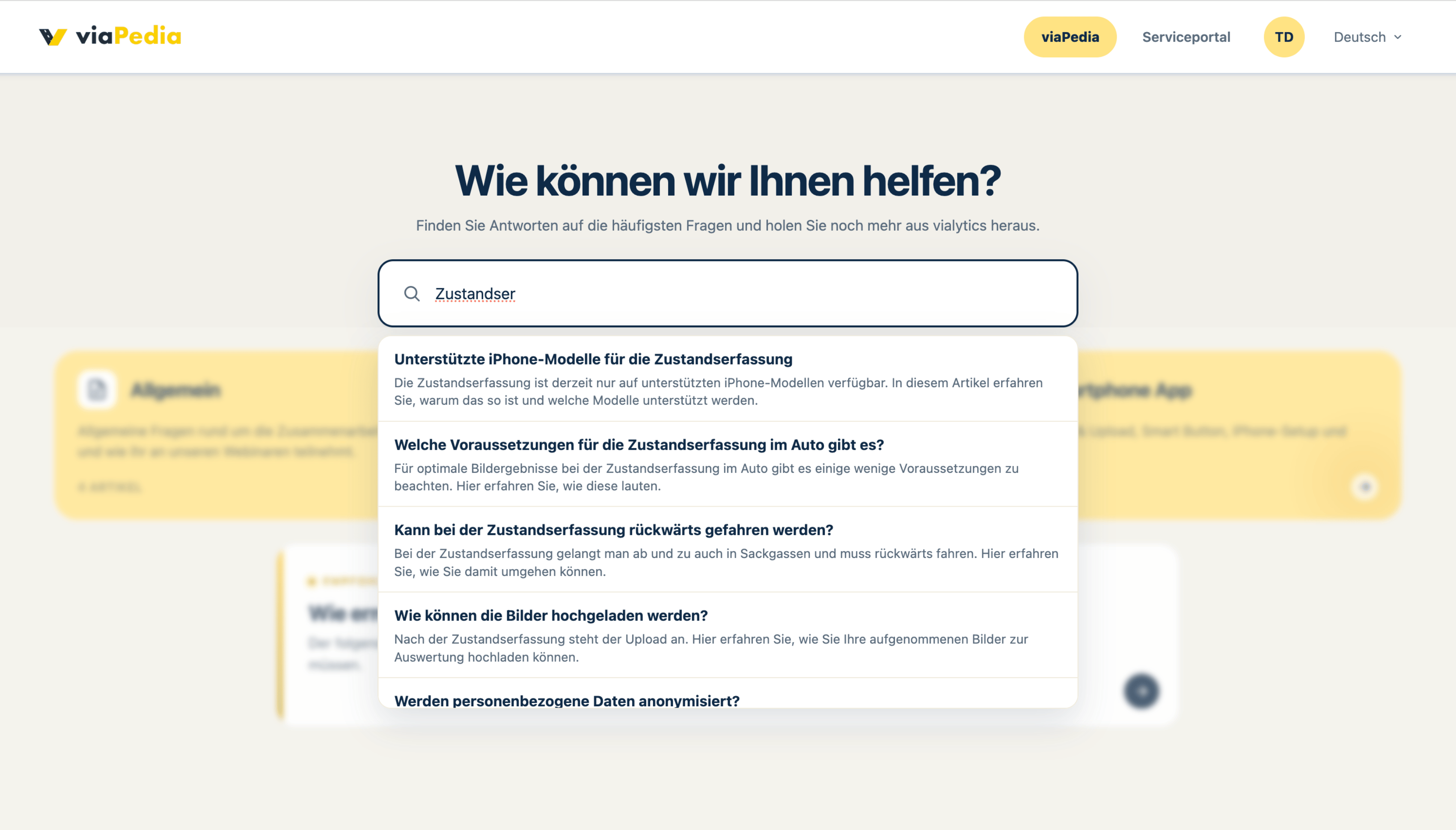 viaPedia-Suche mit Stichworteingabe und vorgeschlagenen Hilfeartikeln