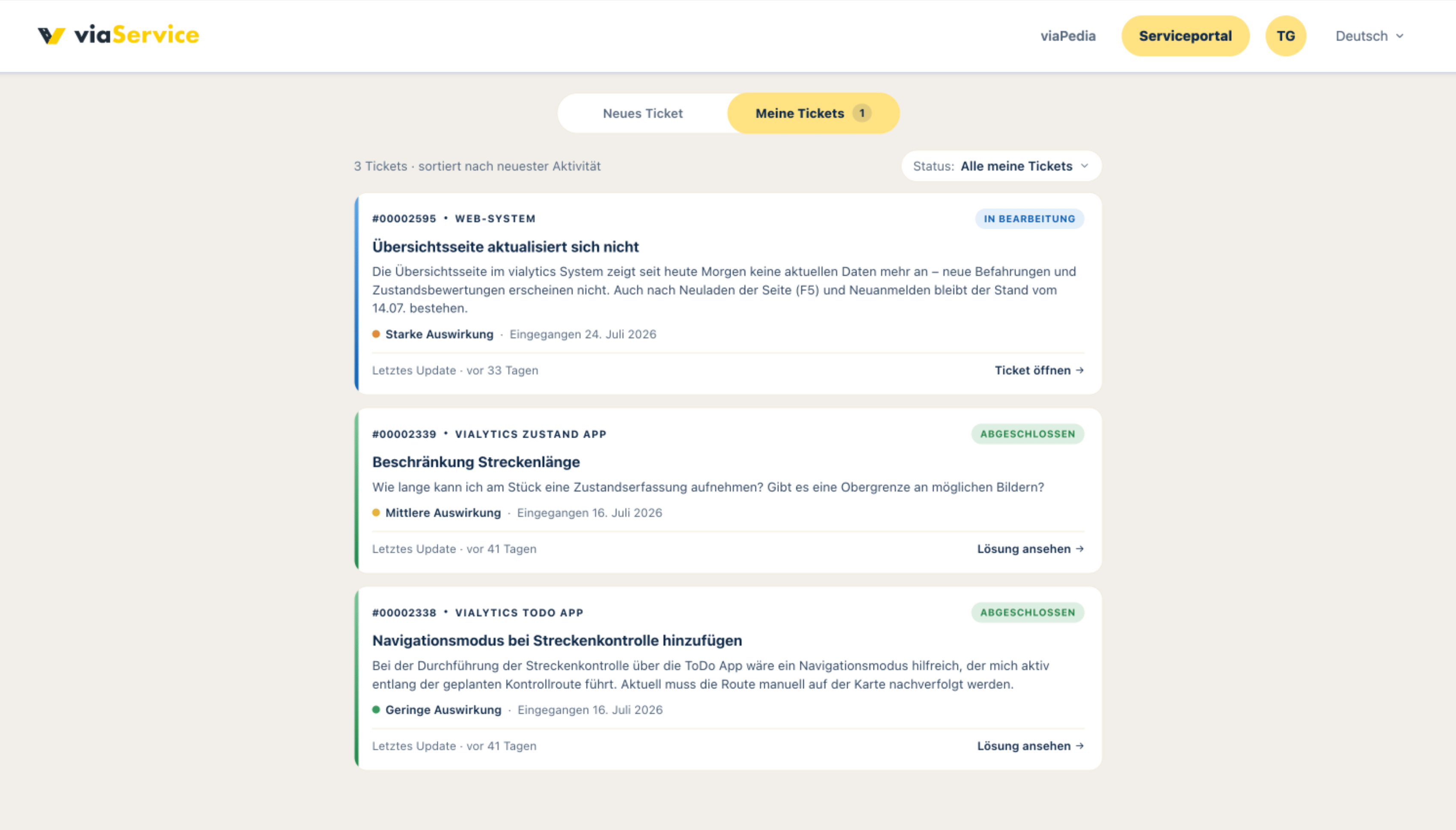 Ticketübersicht im viaService Portal mit allen Supportanfragen und ihrem aktuellen Status