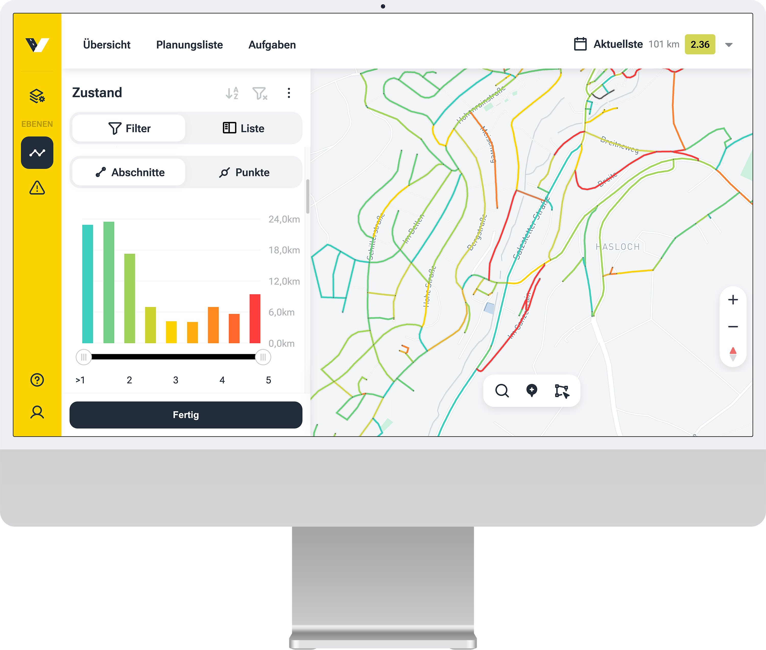 Screenshot aus dem vialytics Web-System zeigt die Kartenansicht einer Kommune