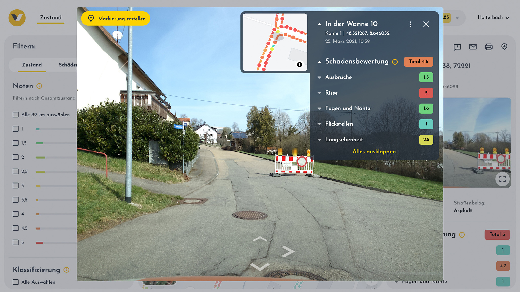 Im Web-System von vialytics werden alle gemachten Bilder angezeigt und zeigen den Straßenzustand 