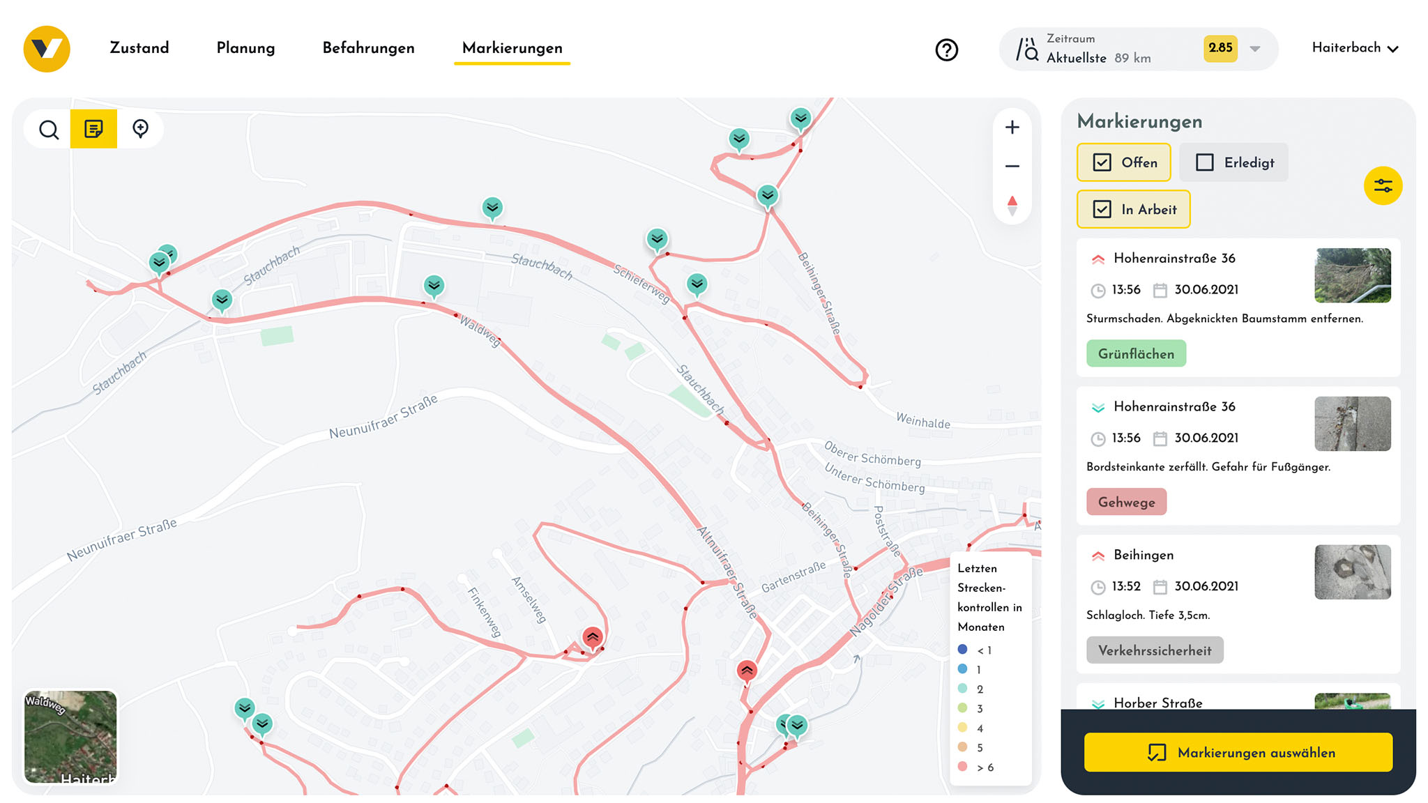 Im vialytics Web-System können Markierungen gesetzt werden um Schäden außerhalb der Straße festzuhalten. Zum Beispiel Leitpfosten, Schachtabdeckungen, Baumkontrolle oder Gehwegschäden