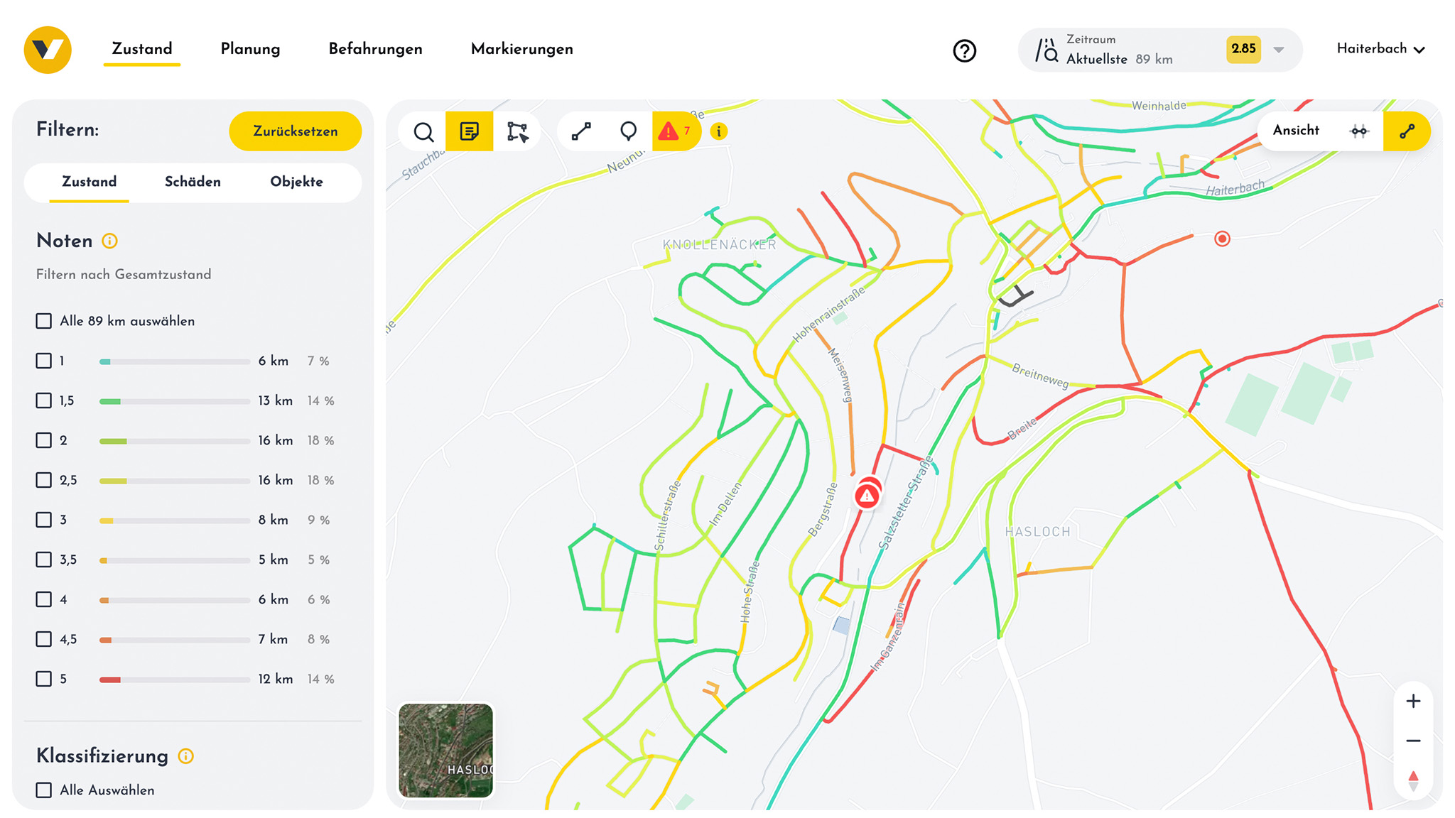 Das Websystem von vialytics zeigt eine Karte mit den befahrenen Straßen und den Straßenzustand in verschiedene Noten unterteilt