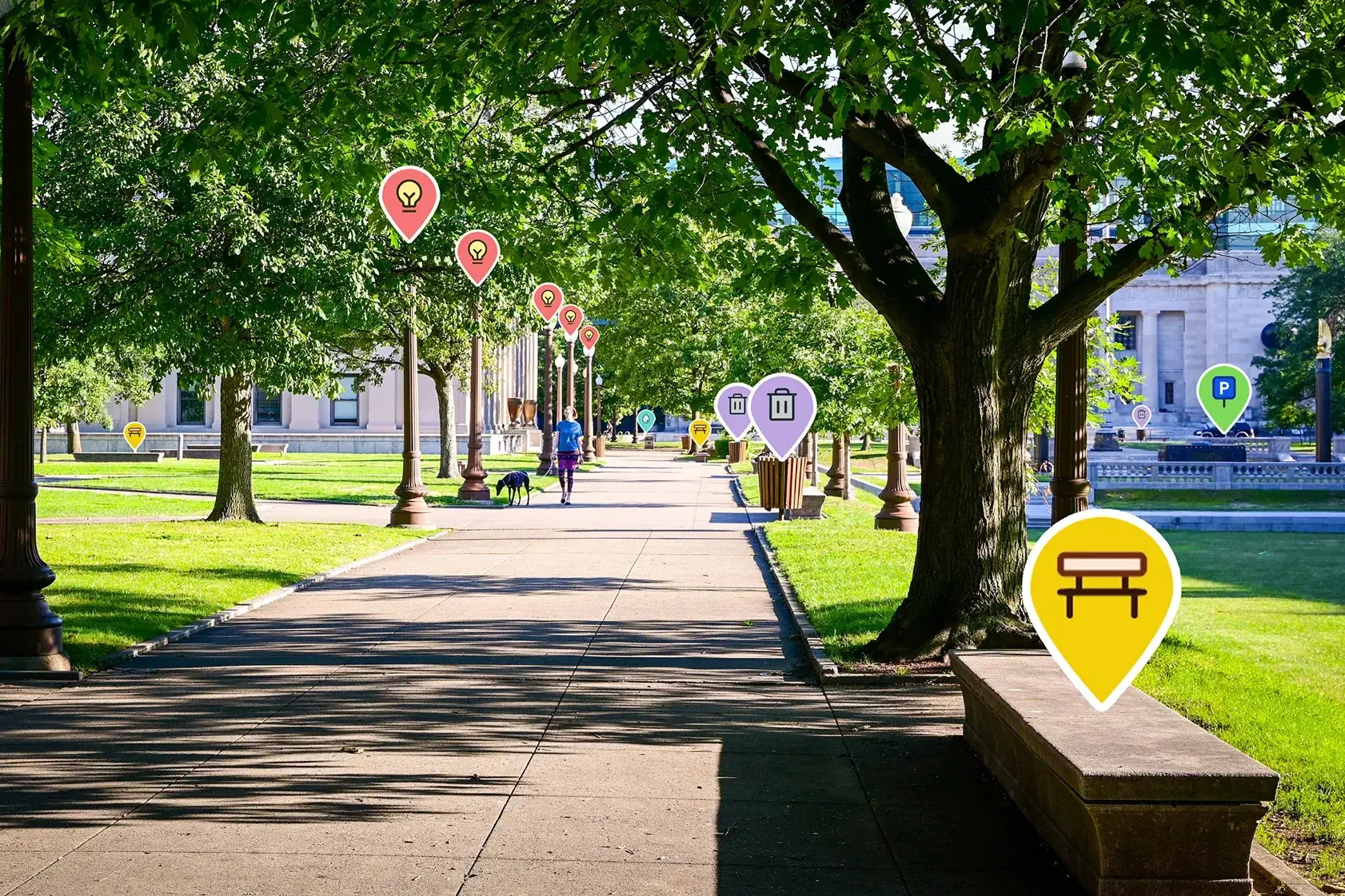 Allee im Park, Parkbänke, Mülleimer und Laternen sind mit Icons von vialytics hervorgehoben