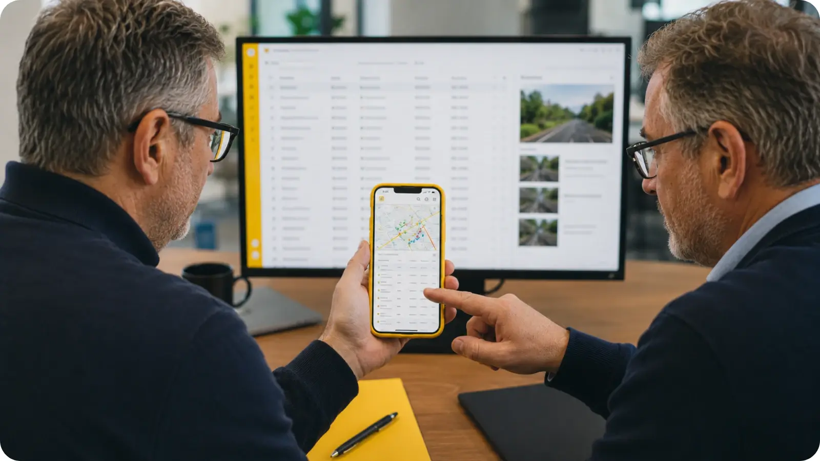 2 Datenschutzbeauftragte sitzen vor einem PC mit vialytics Daten und schauen gemeinsam auf ein Smartphone