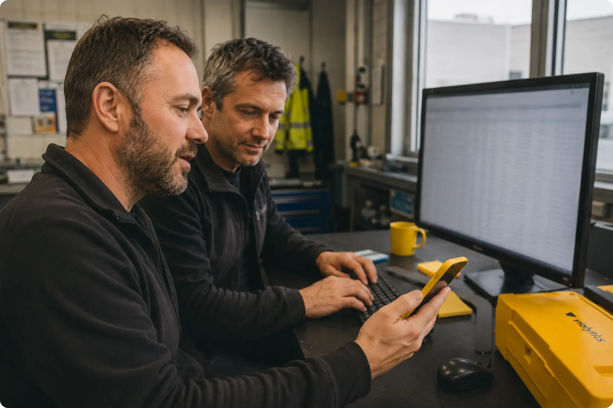2 kommunale Mitarbeitende benutzen vialytics, am Computer und parallel dazu am Smartphone.