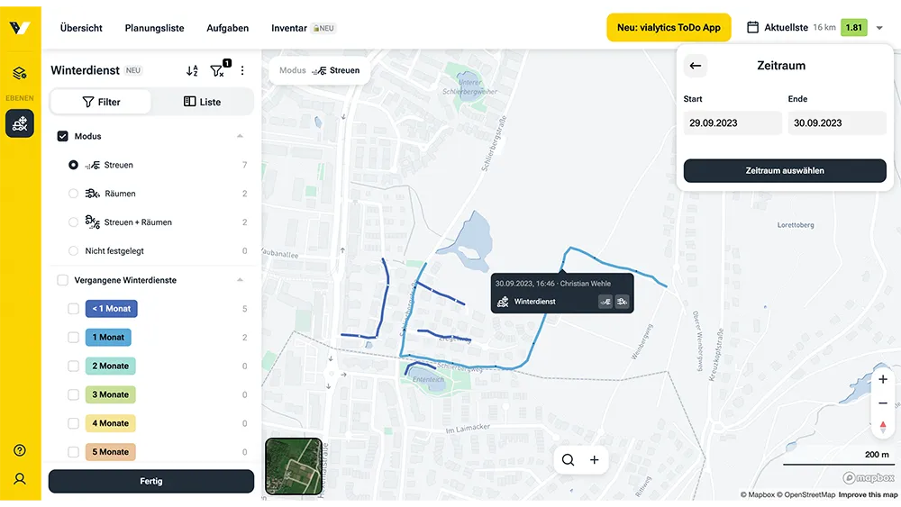 vialytics Web-System mit dokumentierten Winterdienst-Fahrten auf der Karte und Filter nach Zeitraum