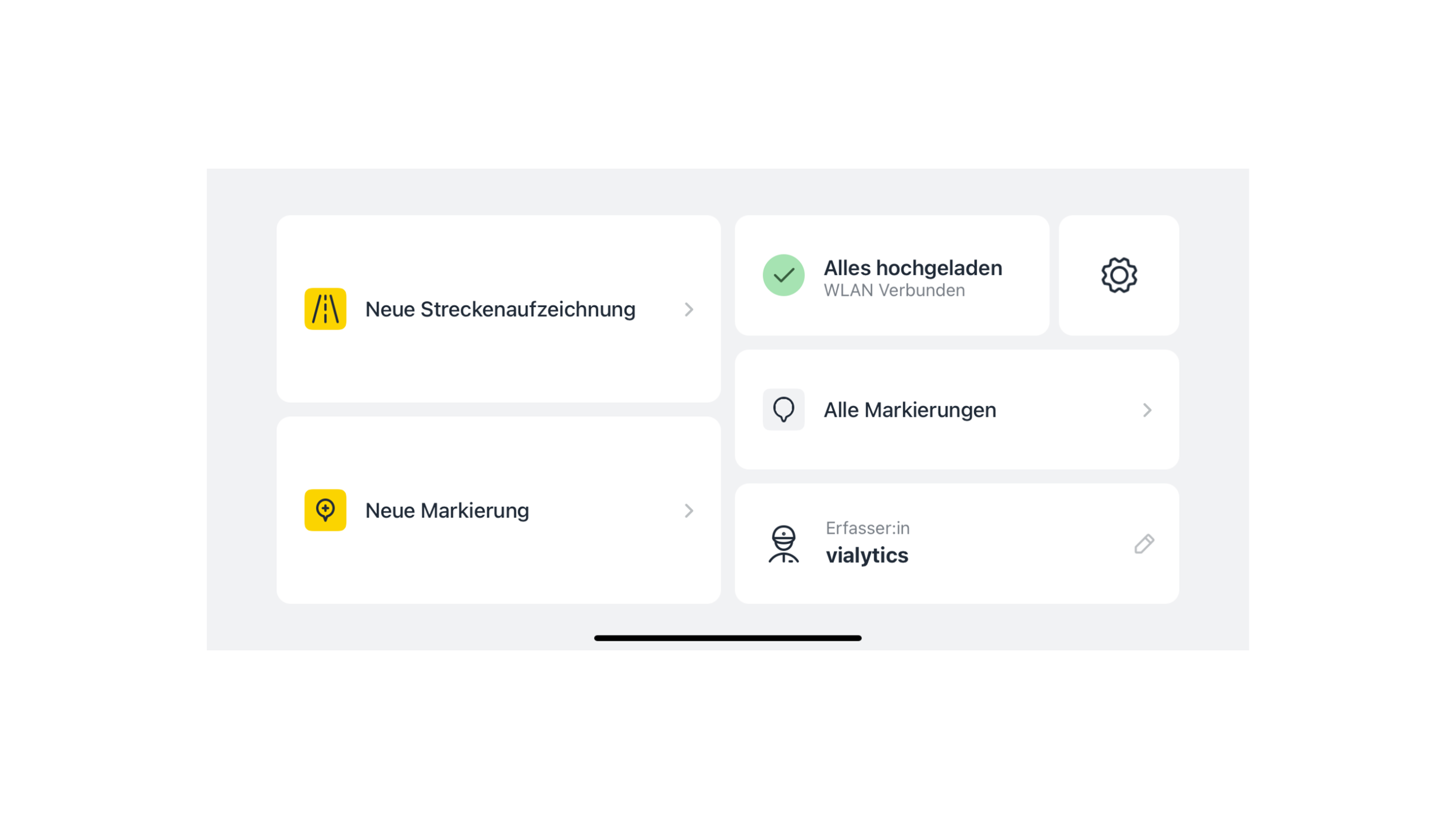 Startbildschirm der vialytics App zur mobilen Erfassung des Straßenzustands 