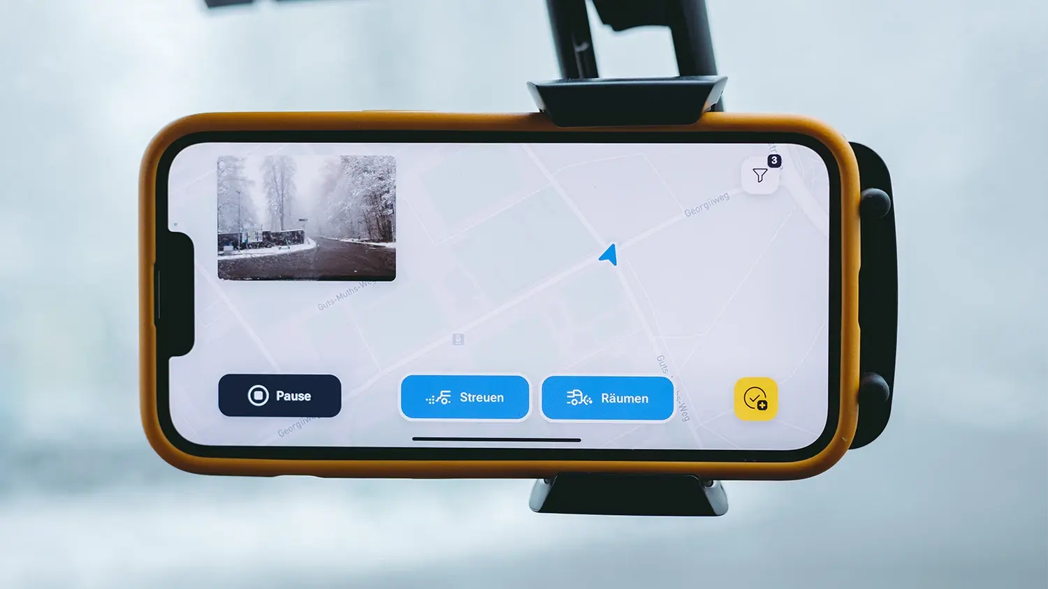 vialytics ToDo App dokumentiert die Streufahrt mit Foto, Zeitstempel und GPS
